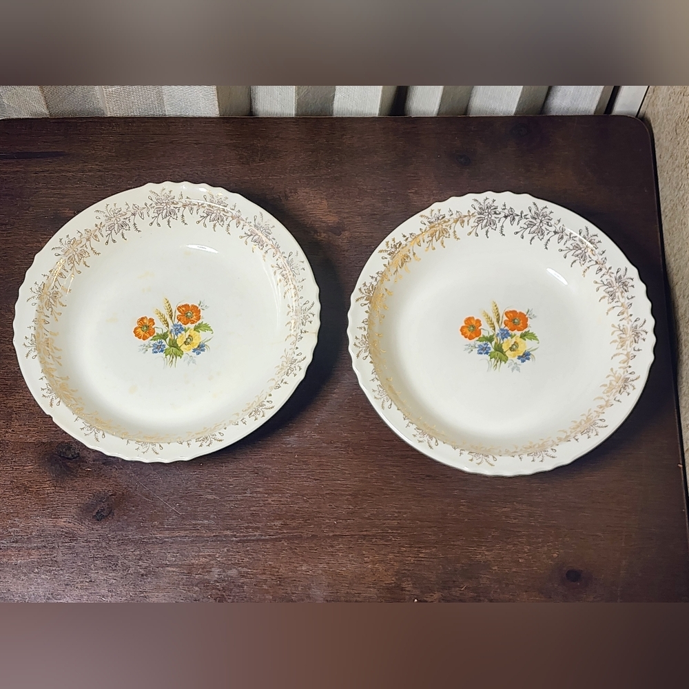 French And Saxon 22kt GoldFloral *Poppy* Patterned Soup Bowls Set Of 2